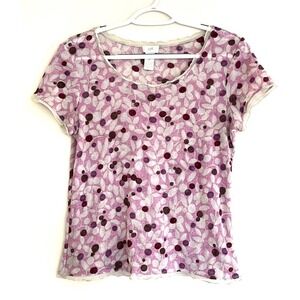 J Jill Women Pink‎ Purple Berries Floral Print Short Sleeve Top